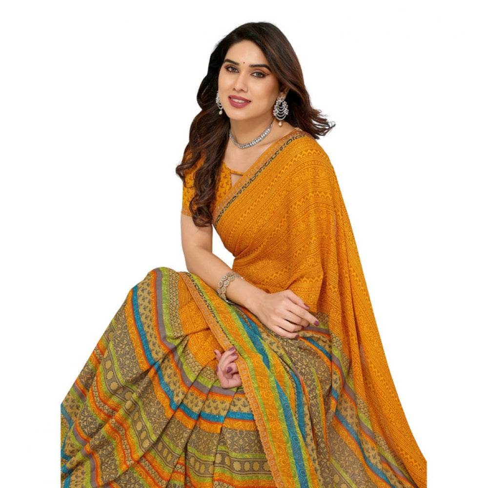 Generic Women's Georgette Printed Saree With Unstitched Blouse 5.5Mtr (Mustard) - MYLUXURY LANE ENTERPRISE