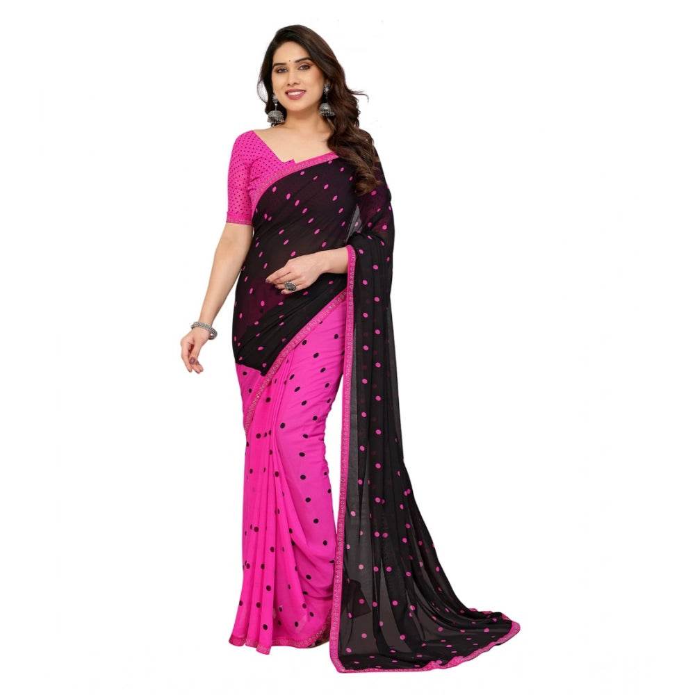 Generic Women's Georgette Printed Saree With Unstitched Blouse 5.5Mtr (Black-Pink) - MYLUXURY LANE ENTERPRISE