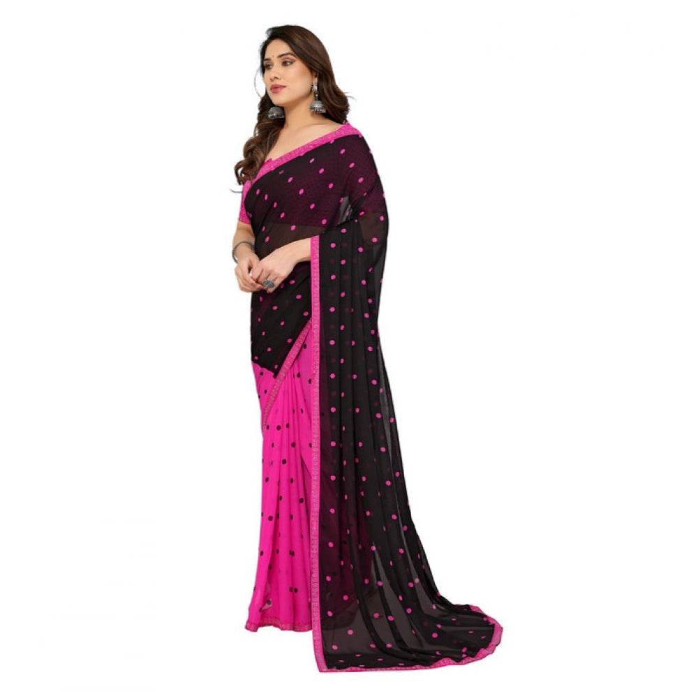 Generic Women's Georgette Printed Saree With Unstitched Blouse 5.5Mtr (Black-Pink) - MYLUXURY LANE ENTERPRISE
