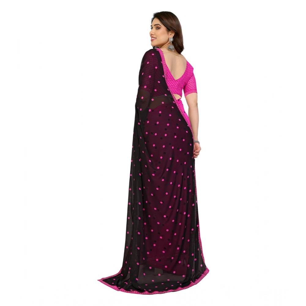 Generic Women's Georgette Printed Saree With Unstitched Blouse 5.5Mtr (Black-Pink) - MYLUXURY LANE ENTERPRISE