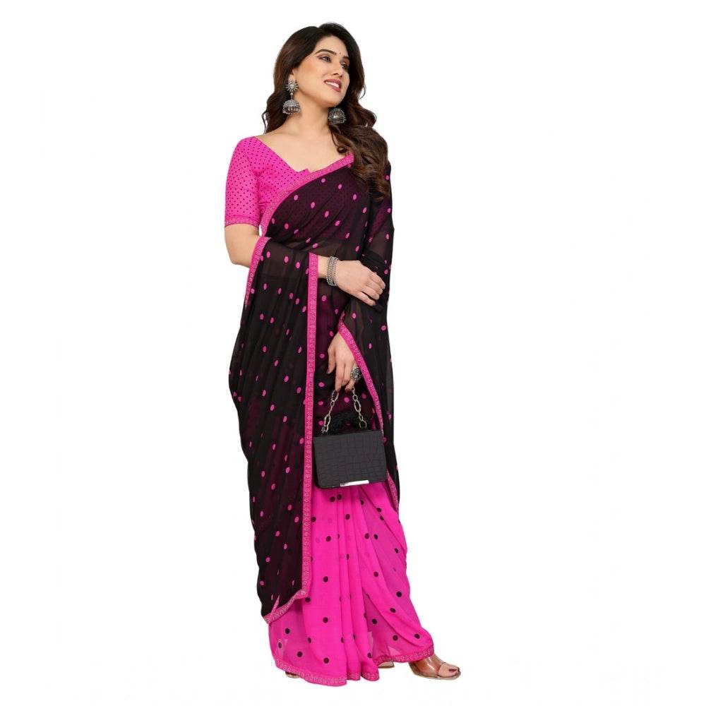 Generic Women's Georgette Printed Saree With Unstitched Blouse 5.5Mtr (Black-Pink) - MYLUXURY LANE ENTERPRISE