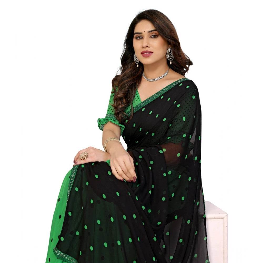 Generic Women's Georgette Printed Saree With Unstitched Blouse 5.5Mtr (Black-Green) - MYLUXURY LANE ENTERPRISE