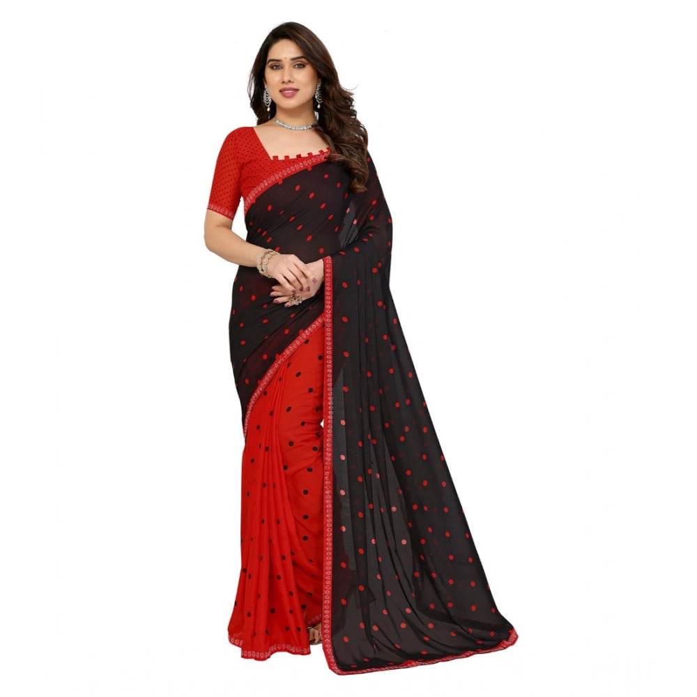Generic Women's Georgette Printed Saree With Unstitched Blouse 5.5Mtr (Black-Red) - MYLUXURY LANE ENTERPRISE
