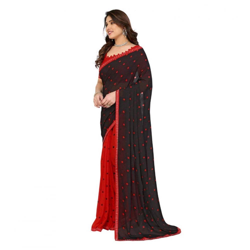 Generic Women's Georgette Printed Saree With Unstitched Blouse 5.5Mtr (Black-Red) - MYLUXURY LANE ENTERPRISE