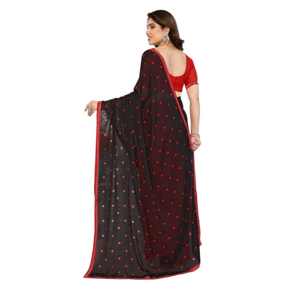 Generic Women's Georgette Printed Saree With Unstitched Blouse 5.5Mtr (Black-Red) - MYLUXURY LANE ENTERPRISE