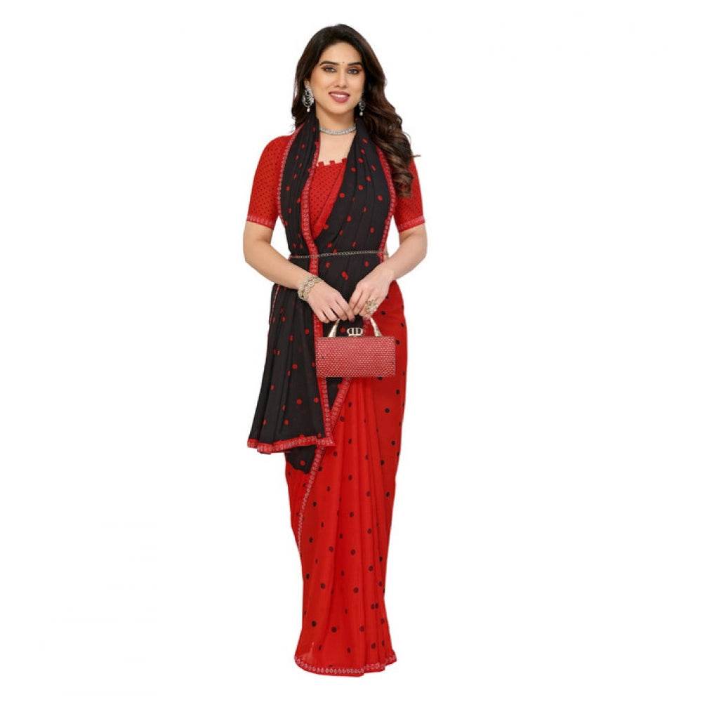 Generic Women's Georgette Printed Saree With Unstitched Blouse 5.5Mtr (Black-Red) - MYLUXURY LANE ENTERPRISE