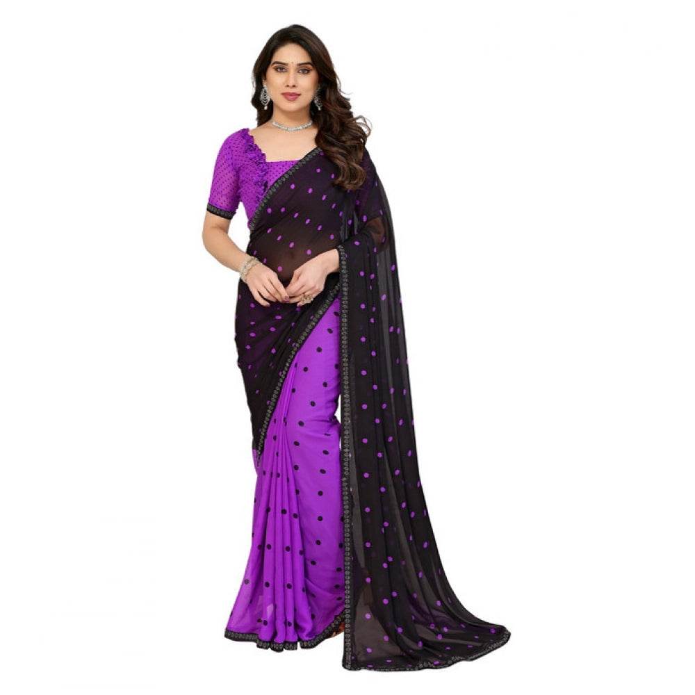 Generic Women's Georgette Printed Saree With Unstitched Blouse 5.5Mtr (Black-Purple) - MYLUXURY LANE ENTERPRISE