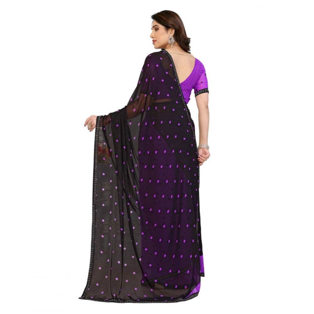 Generic Women's Georgette Printed Saree With Unstitched Blouse 5.5Mtr (Black-Purple) - MYLUXURY LANE ENTERPRISE