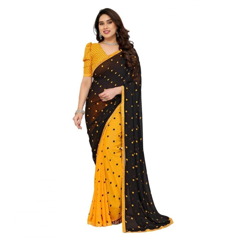 Generic Women's Georgette Printed Saree With Unstitched Blouse 5.5Mtr (Black-Yellow) - MYLUXURY LANE ENTERPRISE