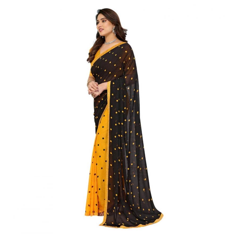 Generic Women's Georgette Printed Saree With Unstitched Blouse 5.5Mtr (Black-Yellow) - MYLUXURY LANE ENTERPRISE