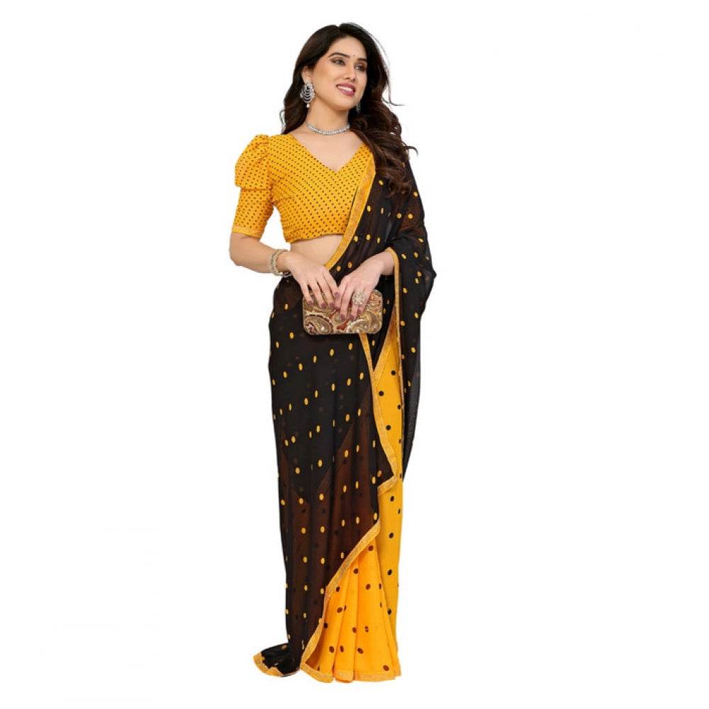 Generic Women's Georgette Printed Saree With Unstitched Blouse 5.5Mtr (Black-Yellow) - MYLUXURY LANE ENTERPRISE