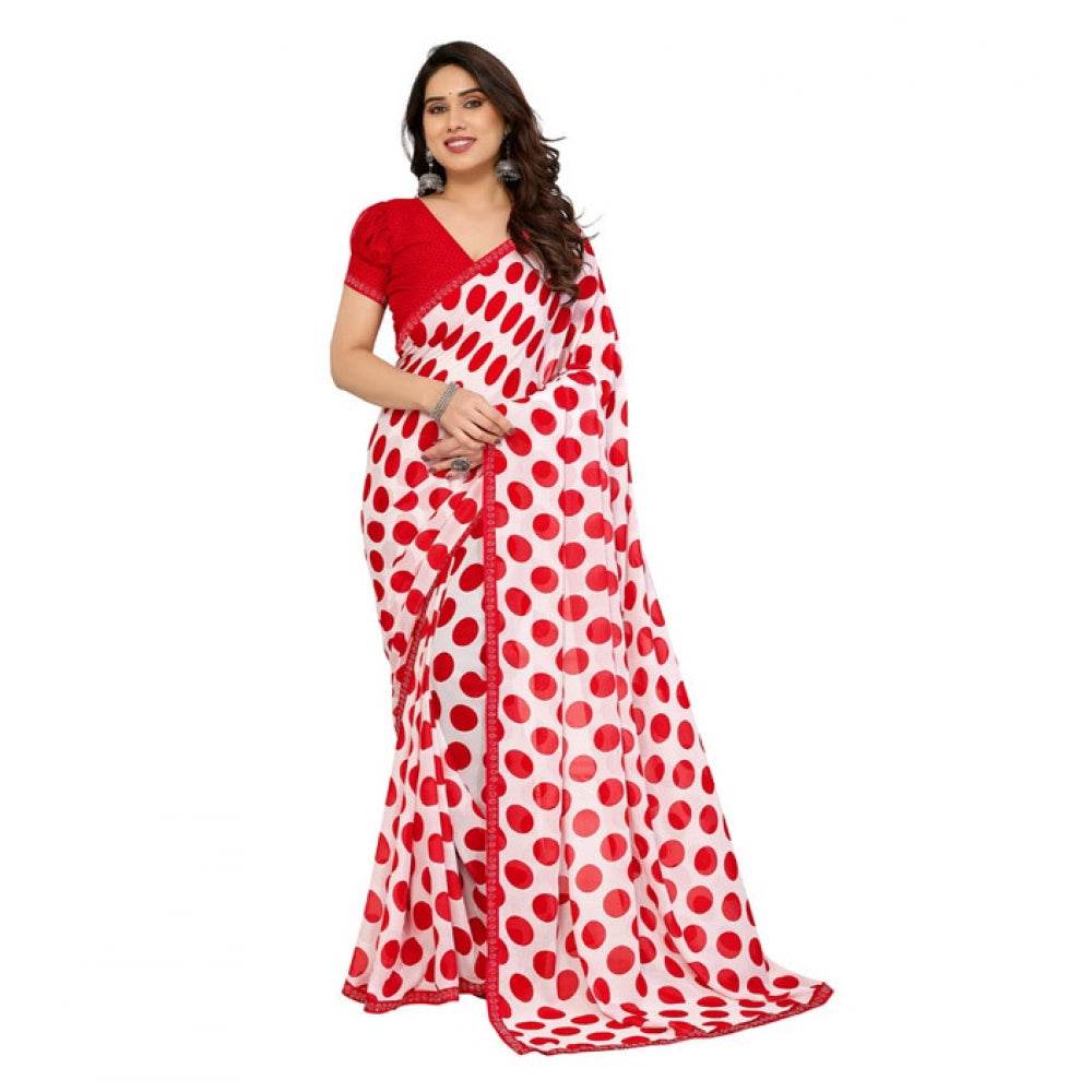Generic Women's Georgette Printed Saree With Unstitched Blouse 5.5Mtr (Red-White) - MYLUXURY LANE ENTERPRISE