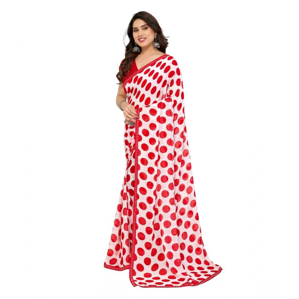 Generic Women's Georgette Printed Saree With Unstitched Blouse 5.5Mtr (Red-White) - MYLUXURY LANE ENTERPRISE