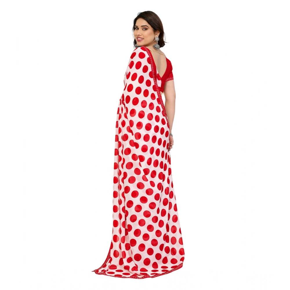 Generic Women's Georgette Printed Saree With Unstitched Blouse 5.5Mtr (Red-White) - MYLUXURY LANE ENTERPRISE
