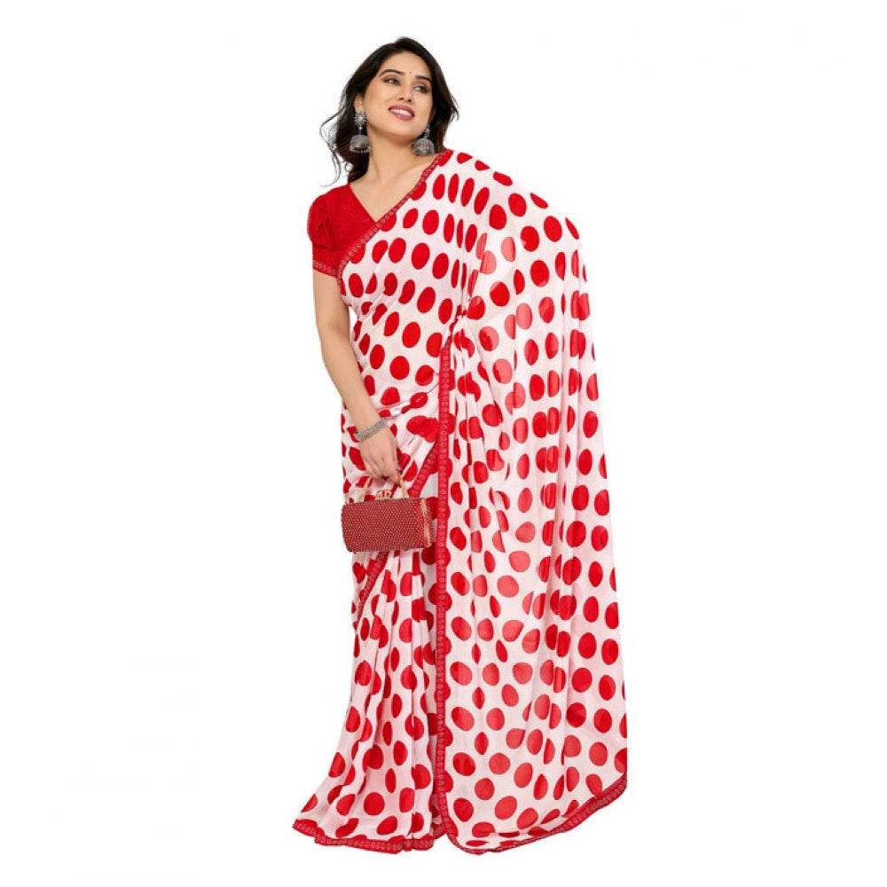 Generic Women's Georgette Printed Saree With Unstitched Blouse 5.5Mtr (Red-White) - MYLUXURY LANE ENTERPRISE