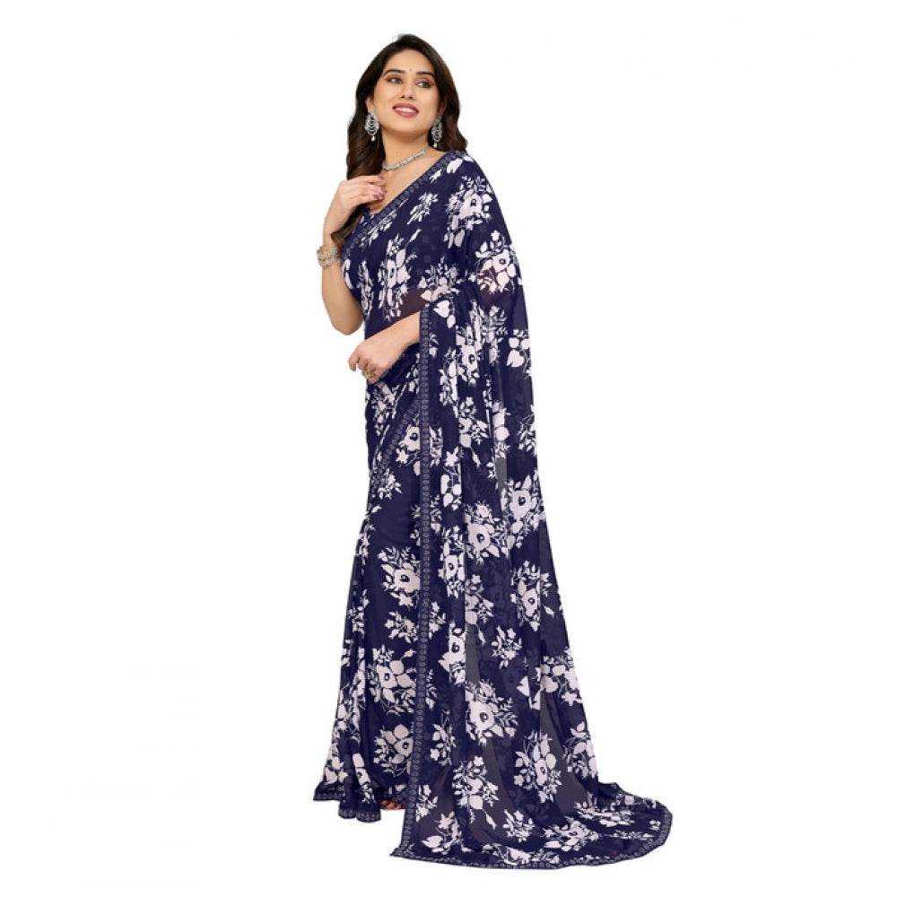 Generic Women's Georgette Printed Saree With Unstitched Blouse 5.5Mtr (Navy Blue) - MYLUXURY LANE ENTERPRISE