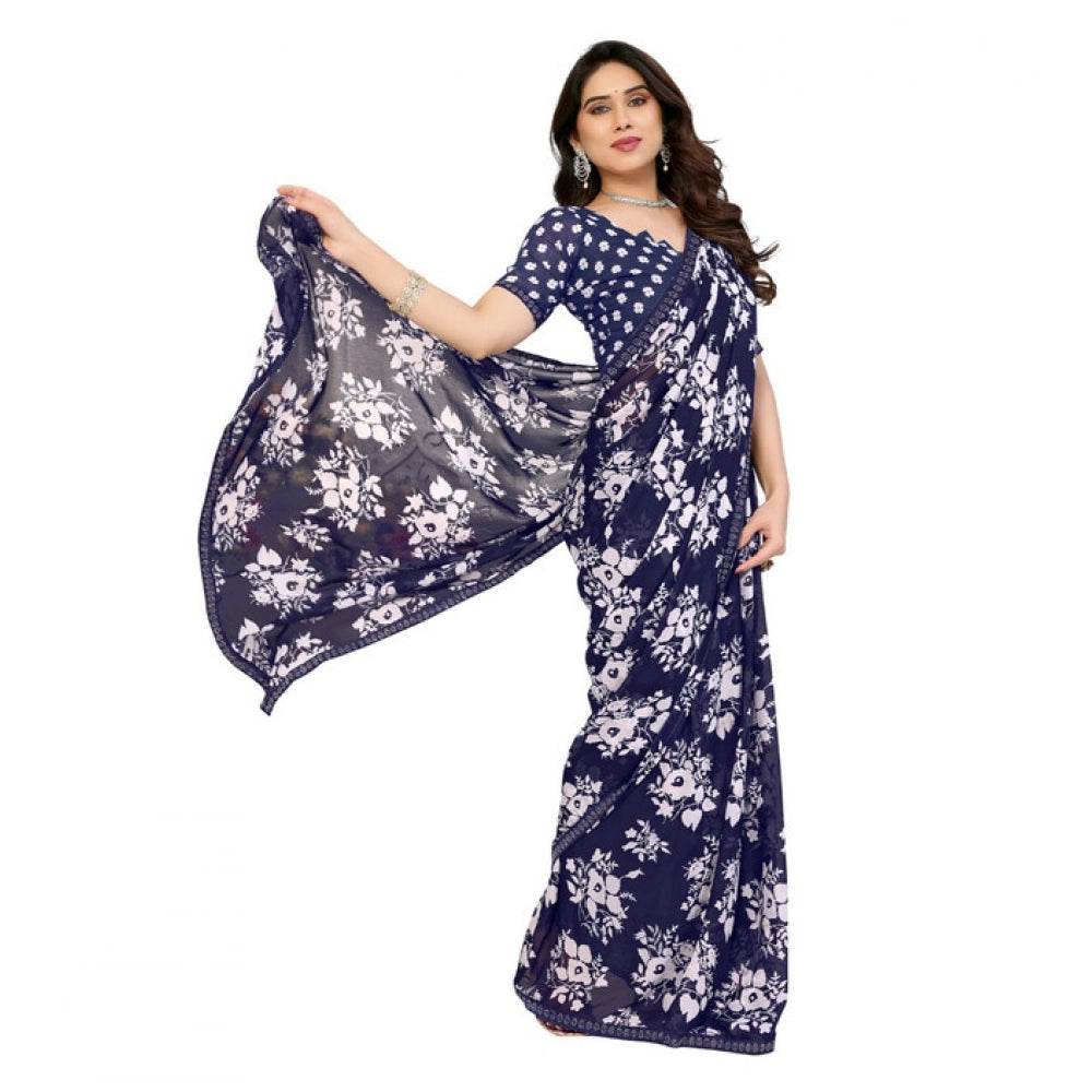 Generic Women's Georgette Printed Saree With Unstitched Blouse 5.5Mtr (Navy Blue) - MYLUXURY LANE ENTERPRISE