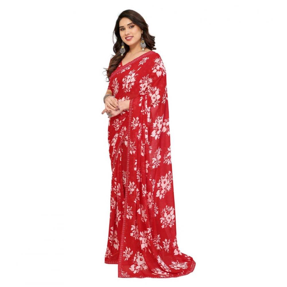 Generic Women's Georgette Printed Saree With Unstitched Blouse 5.5Mtr (Red) - MYLUXURY LANE ENTERPRISE
