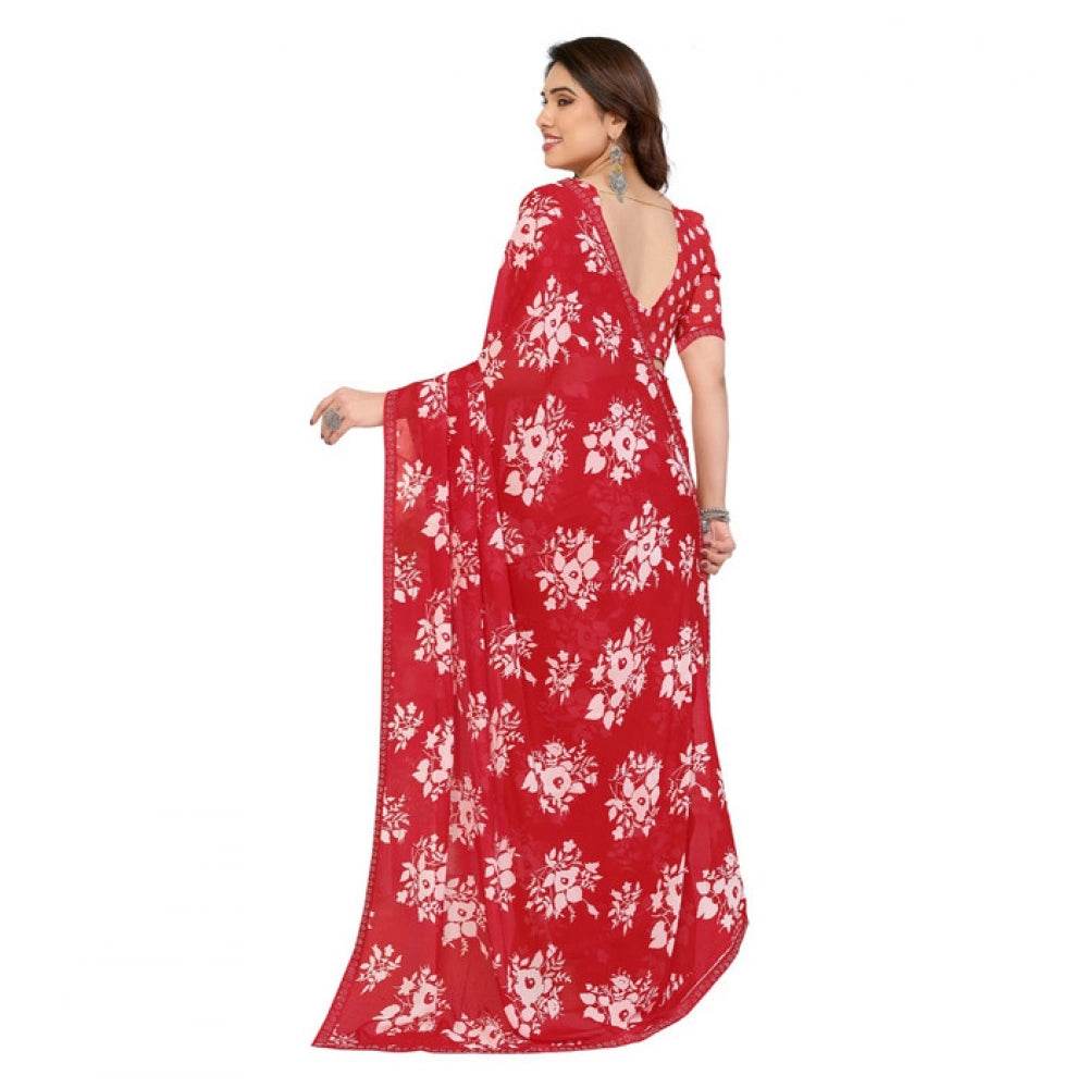 Generic Women's Georgette Printed Saree With Unstitched Blouse 5.5Mtr (Red) - MYLUXURY LANE ENTERPRISE