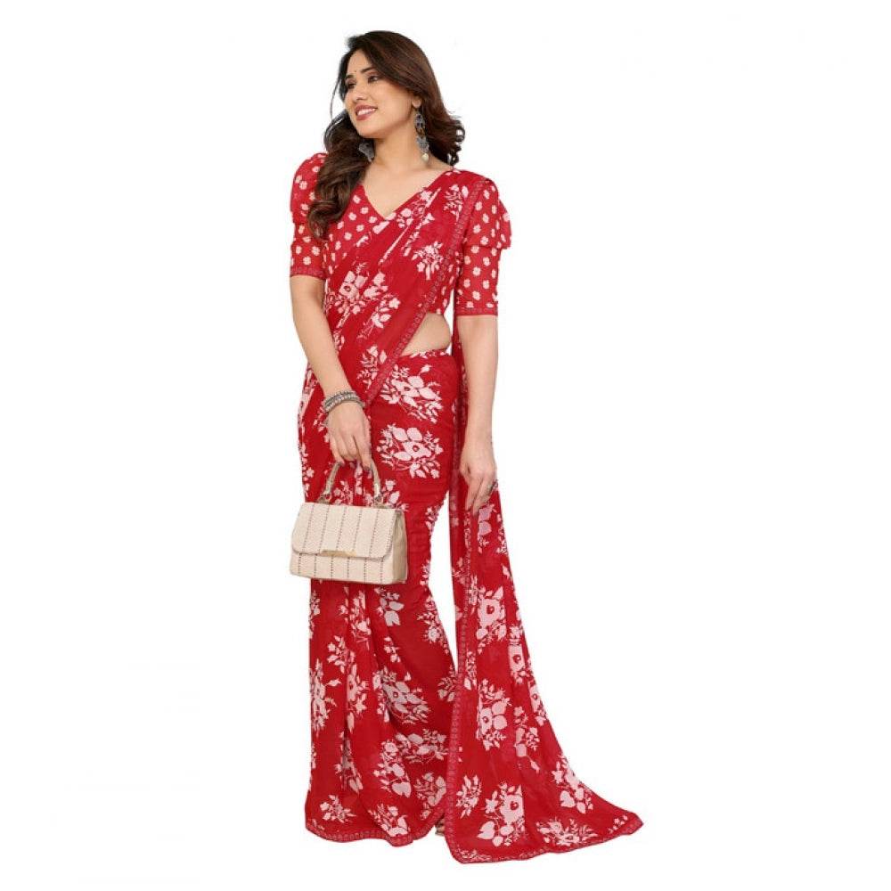 Generic Women's Georgette Printed Saree With Unstitched Blouse 5.5Mtr (Red) - MYLUXURY LANE ENTERPRISE