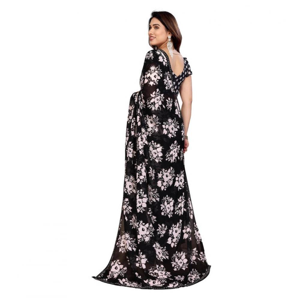 Generic Women's Georgette Printed Saree With Unstitched Blouse 5.5Mtr (Black) - MYLUXURY LANE ENTERPRISE