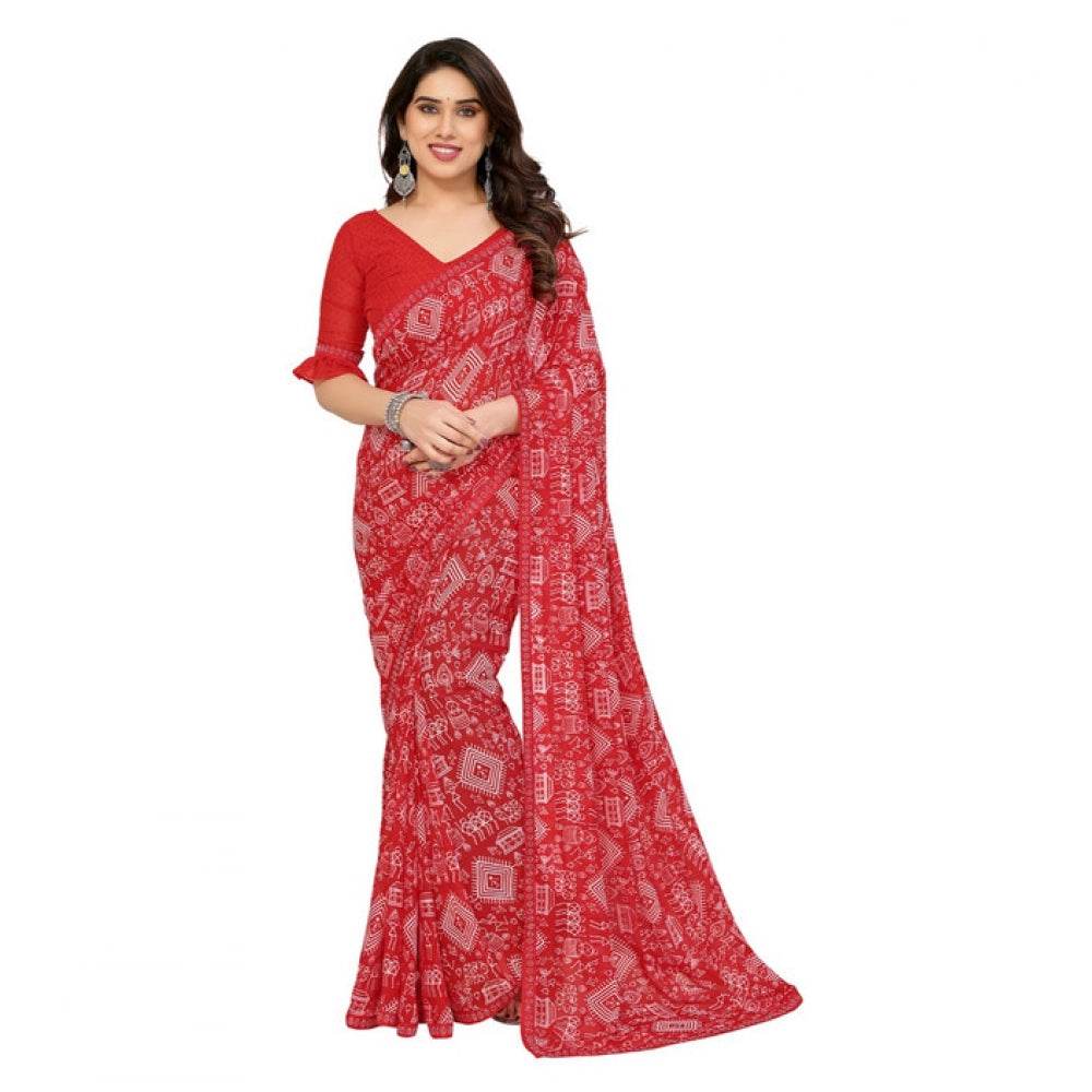 Generic Women's Georgette Printed Saree With Unstitched Blouse 5.5Mtr (Red) - MYLUXURY LANE ENTERPRISE