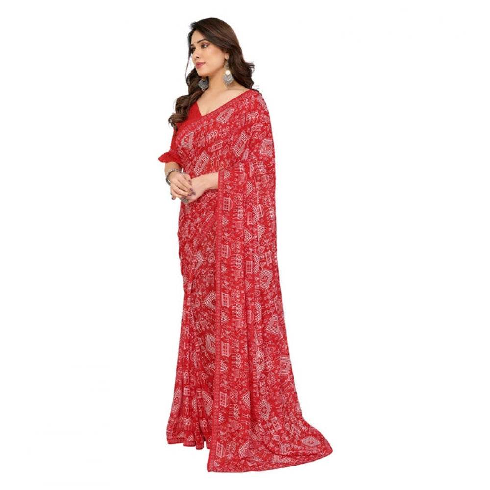 Generic Women's Georgette Printed Saree With Unstitched Blouse 5.5Mtr (Red) - MYLUXURY LANE ENTERPRISE