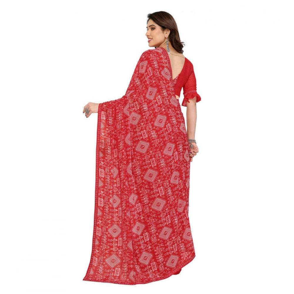 Generic Women's Georgette Printed Saree With Unstitched Blouse 5.5Mtr (Red) - MYLUXURY LANE ENTERPRISE