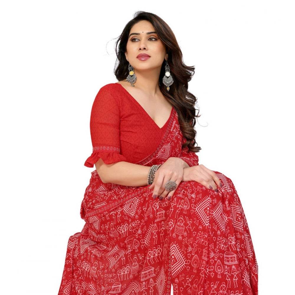 Generic Women's Georgette Printed Saree With Unstitched Blouse 5.5Mtr (Red) - MYLUXURY LANE ENTERPRISE