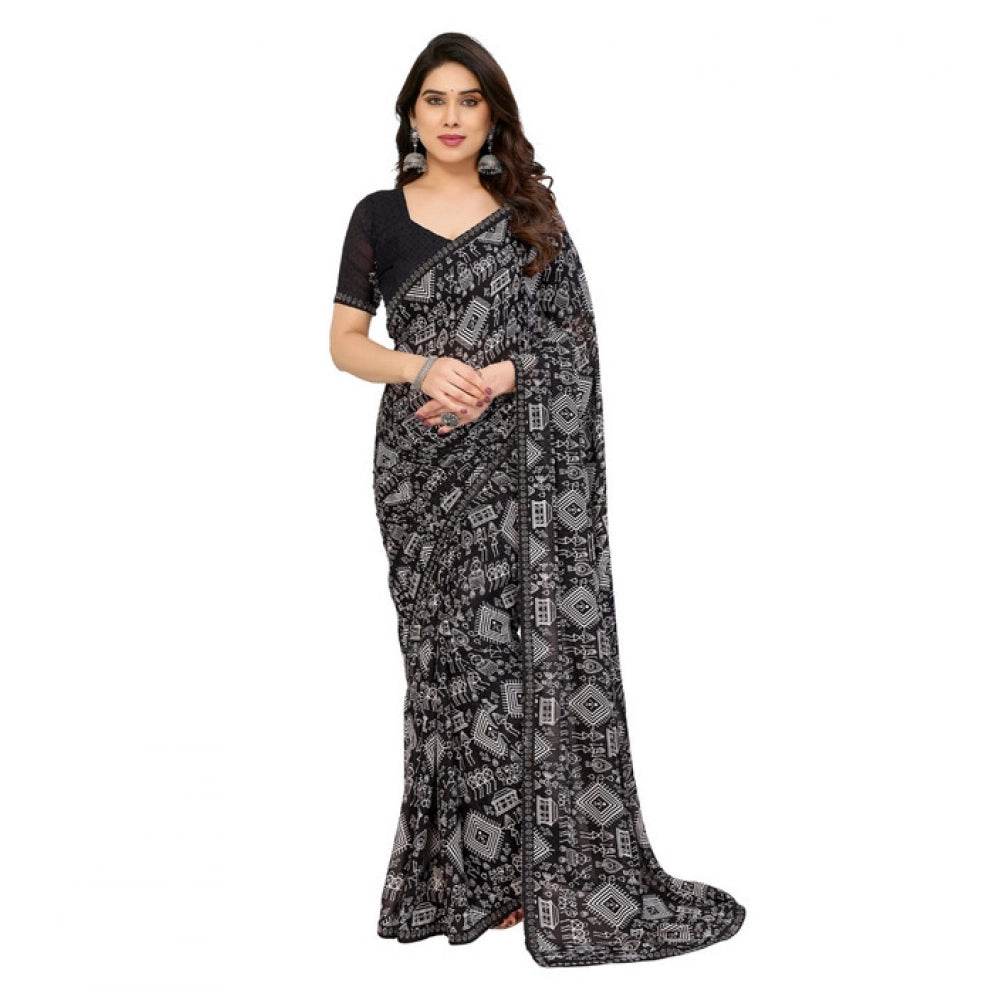Generic Women's Georgette Printed Saree With Unstitched Blouse 5.5Mtr (Black) - MYLUXURY LANE ENTERPRISE