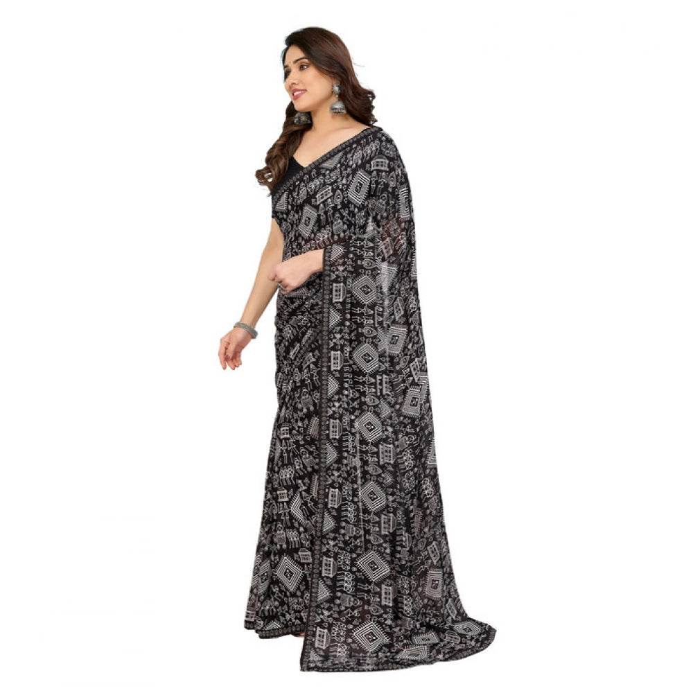 Generic Women's Georgette Printed Saree With Unstitched Blouse 5.5Mtr (Black) - MYLUXURY LANE ENTERPRISE