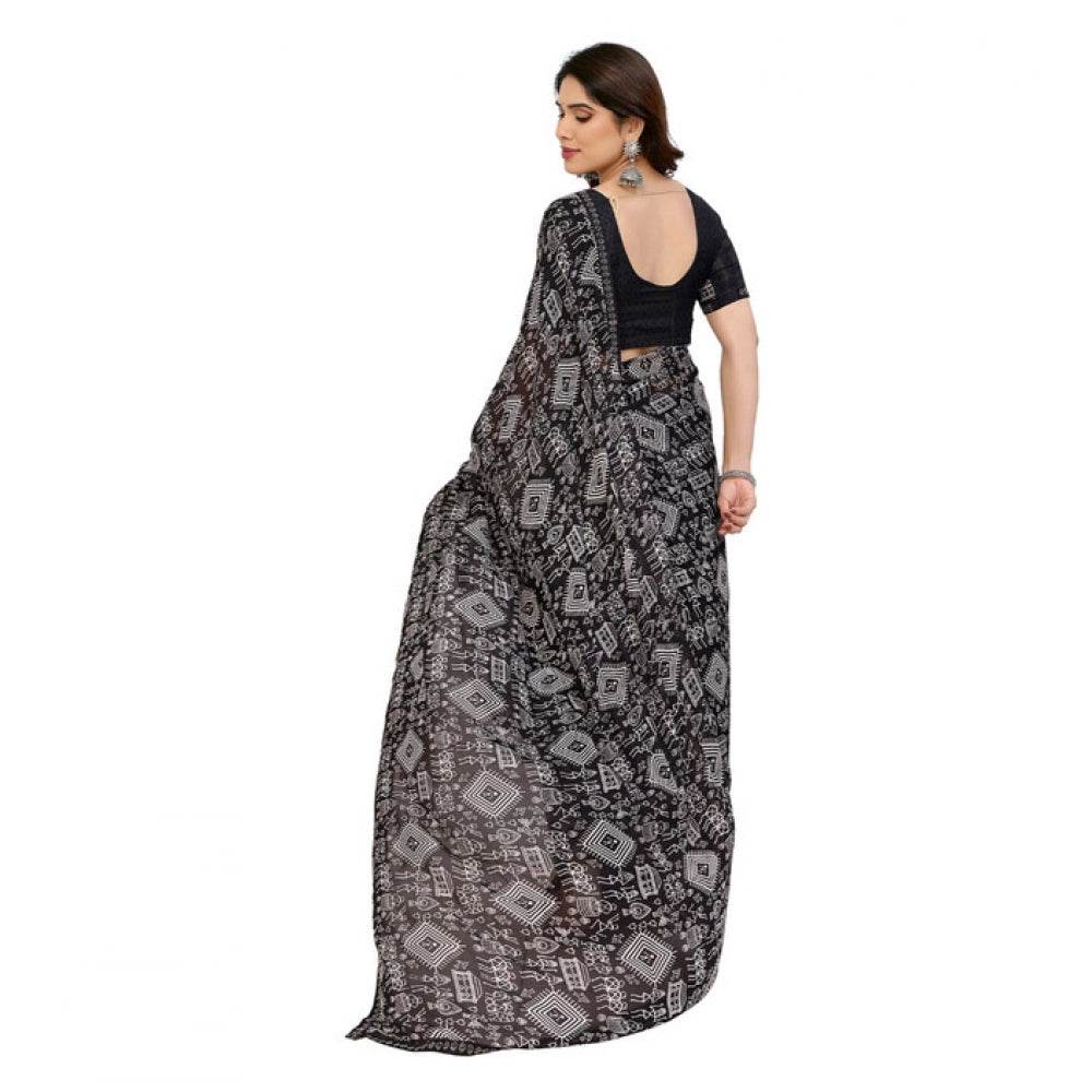 Generic Women's Georgette Printed Saree With Unstitched Blouse 5.5Mtr (Black) - MYLUXURY LANE ENTERPRISE