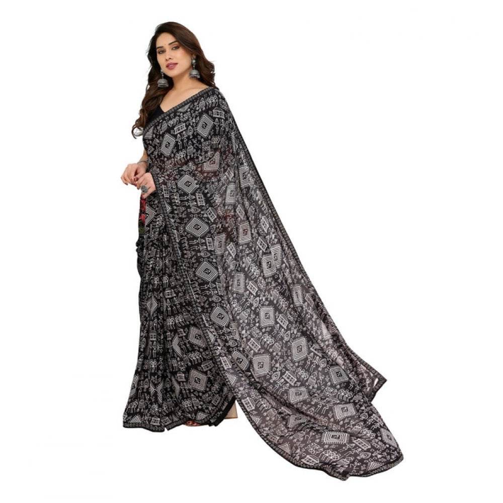 Generic Women's Georgette Printed Saree With Unstitched Blouse 5.5Mtr (Black) - MYLUXURY LANE ENTERPRISE