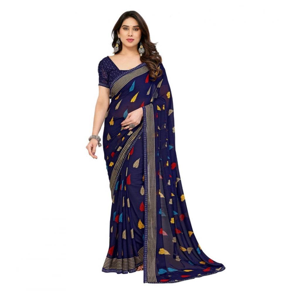 Generic Women's Georgette Printed Saree With Unstitched Blouse 5.5Mtr (Navy Blue) - MYLUXURY LANE ENTERPRISE