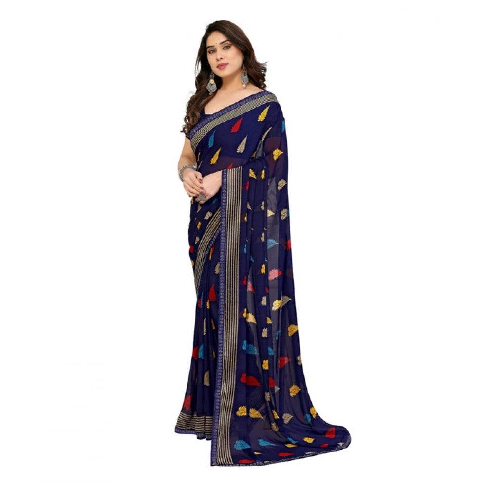 Generic Women's Georgette Printed Saree With Unstitched Blouse 5.5Mtr (Navy Blue) - MYLUXURY LANE ENTERPRISE