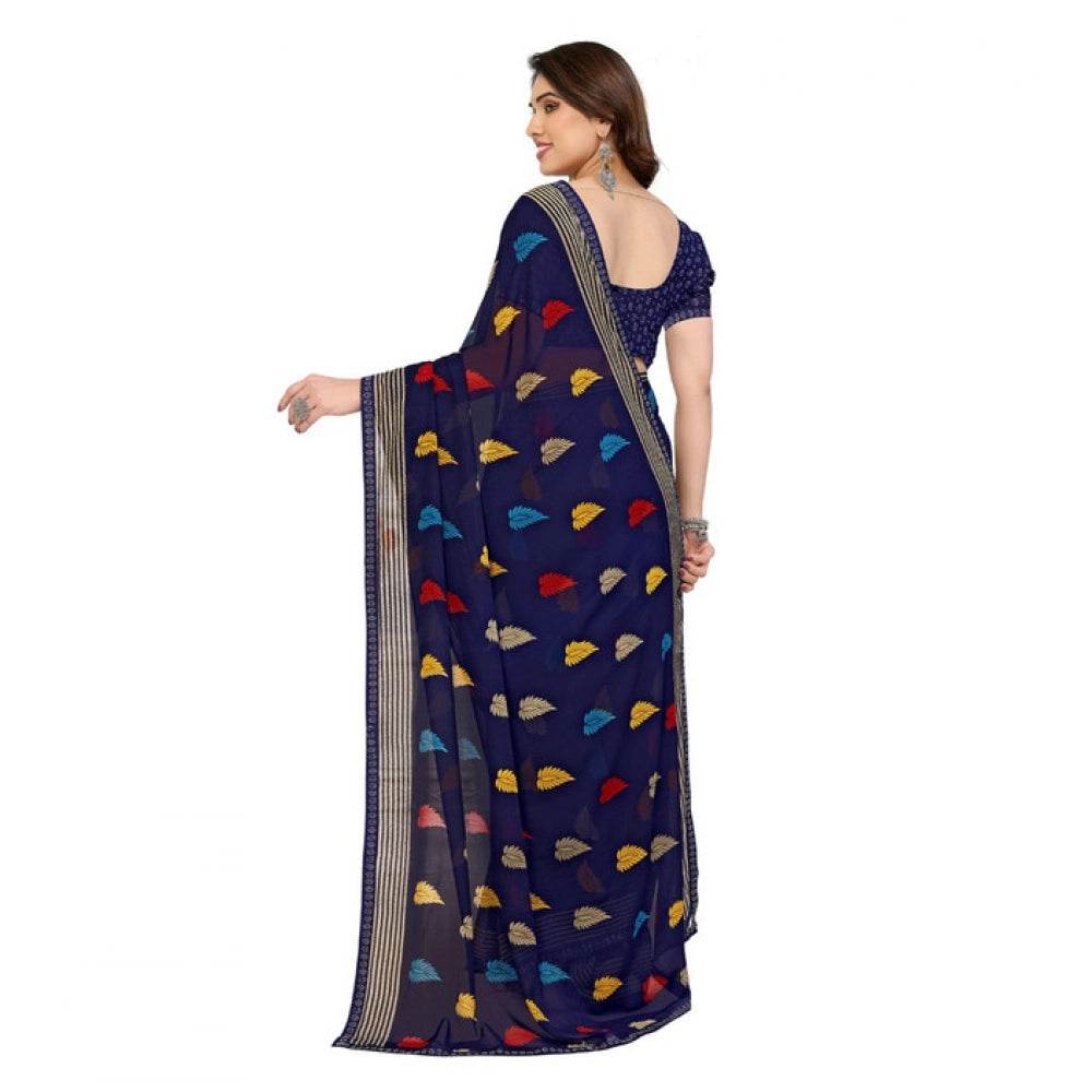 Generic Women's Georgette Printed Saree With Unstitched Blouse 5.5Mtr (Navy Blue) - MYLUXURY LANE ENTERPRISE
