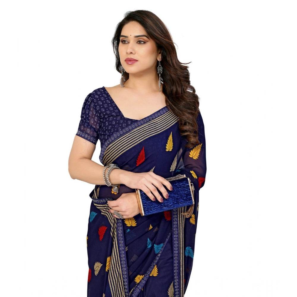 Generic Women's Georgette Printed Saree With Unstitched Blouse 5.5Mtr (Navy Blue) - MYLUXURY LANE ENTERPRISE