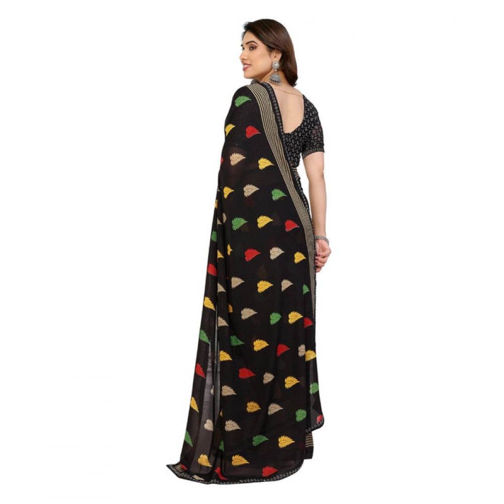 Generic Women's Georgette Printed Saree With Unstitched Blouse 5.5Mtr (Black) - MYLUXURY LANE ENTERPRISE