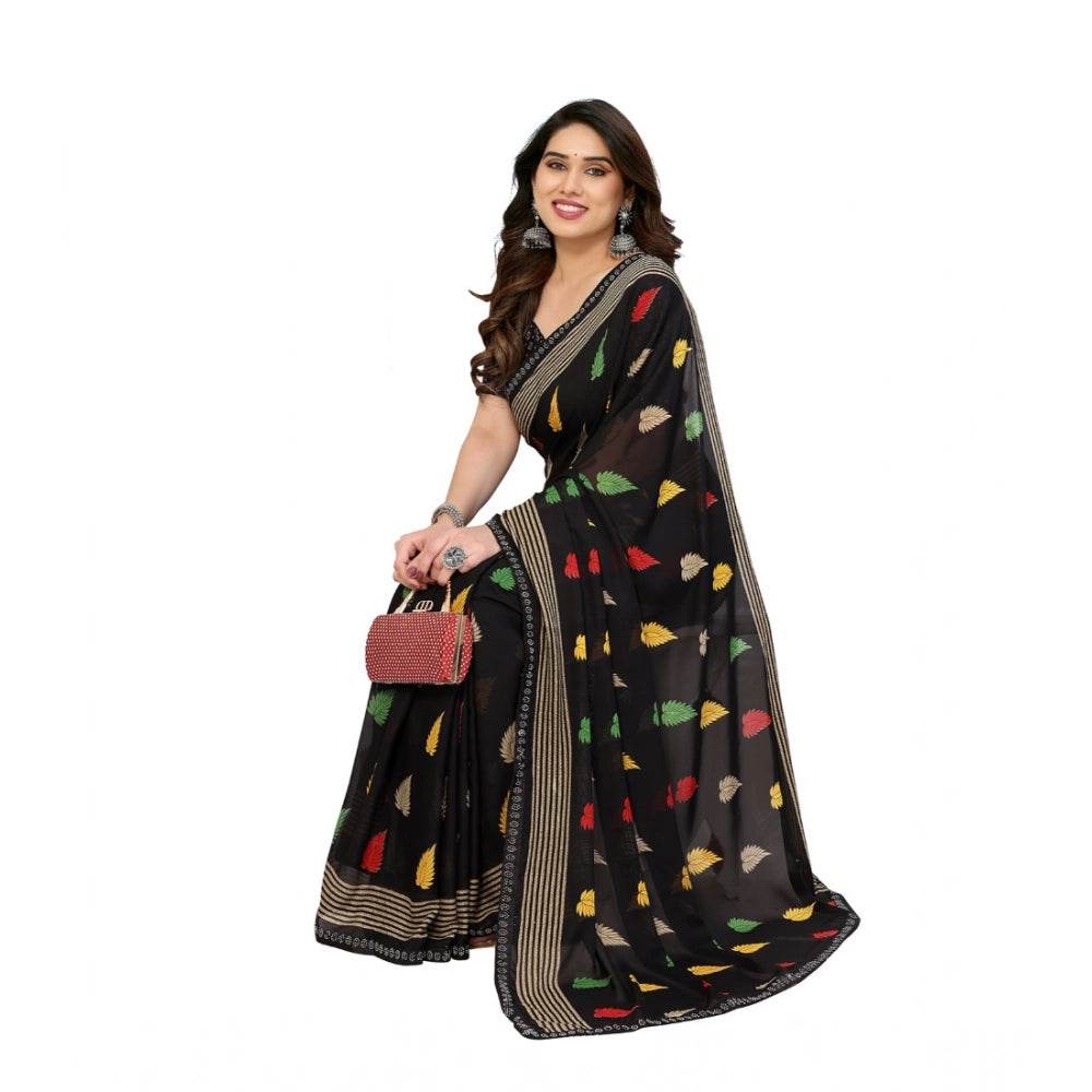Generic Women's Georgette Printed Saree With Unstitched Blouse 5.5Mtr (Black) - MYLUXURY LANE ENTERPRISE