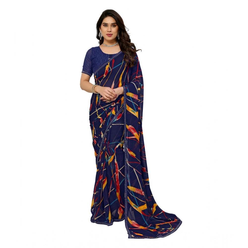Generic Women's Georgette Printed Saree With Unstitched Blouse 5.5Mtr (Blue) - MYLUXURY LANE ENTERPRISE