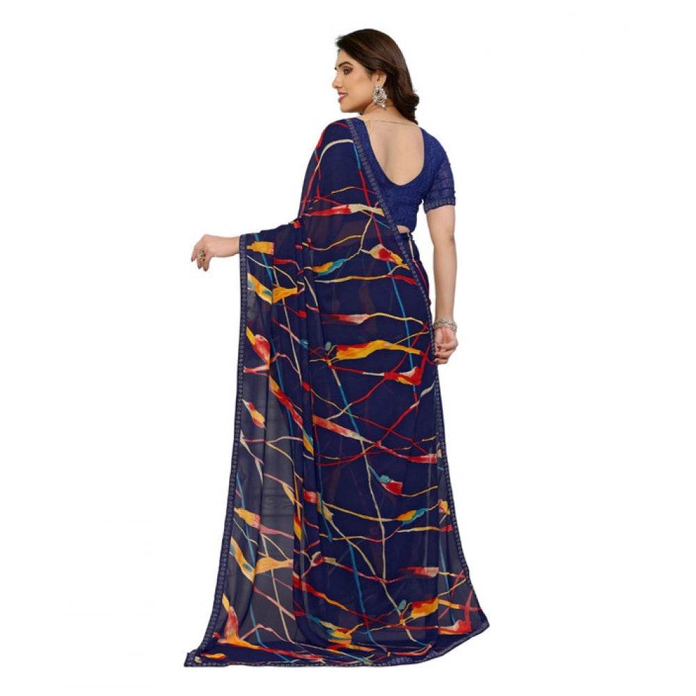 Generic Women's Georgette Printed Saree With Unstitched Blouse 5.5Mtr (Blue) - MYLUXURY LANE ENTERPRISE