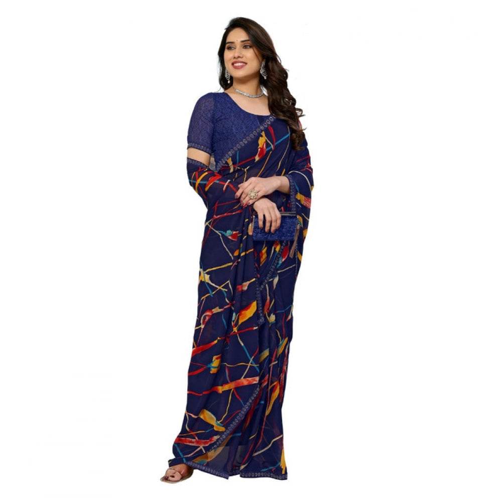 Generic Women's Georgette Printed Saree With Unstitched Blouse 5.5Mtr (Blue) - MYLUXURY LANE ENTERPRISE