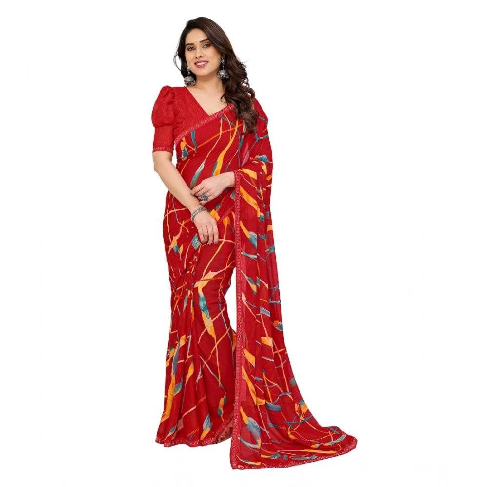 Generic Women's Georgette Printed Saree With Unstitched Blouse 5.5Mtr (Red) - MYLUXURY LANE ENTERPRISE