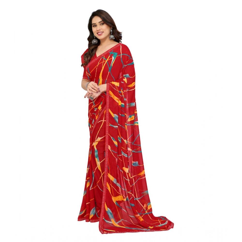 Generic Women's Georgette Printed Saree With Unstitched Blouse 5.5Mtr (Red) - MYLUXURY LANE ENTERPRISE