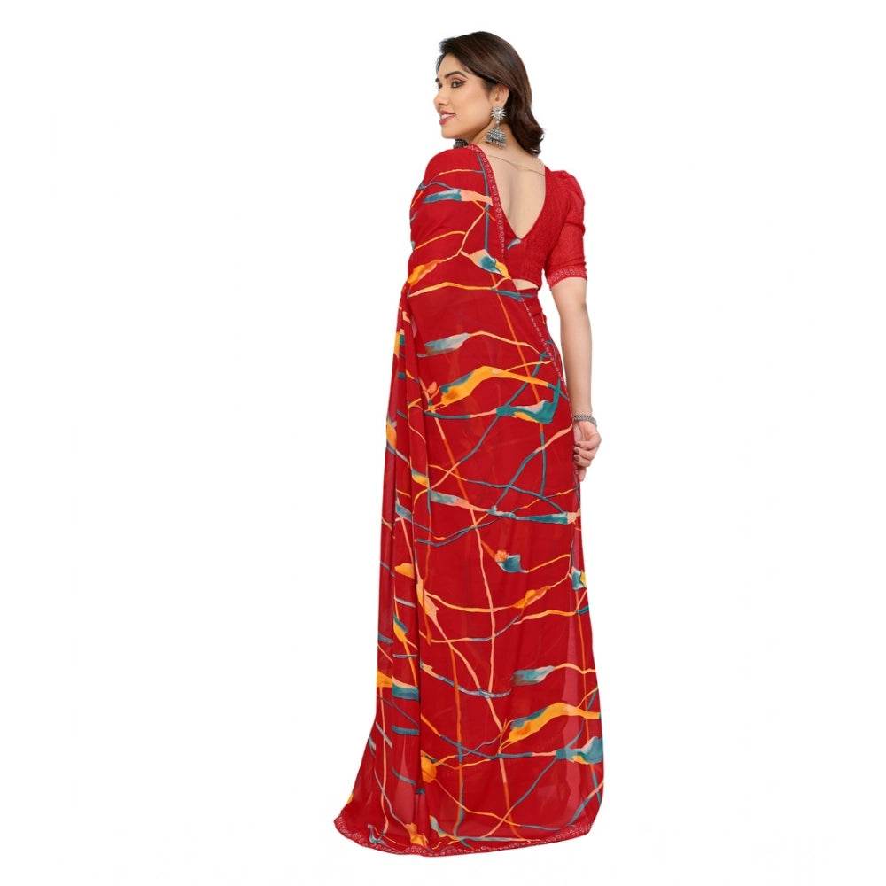Generic Women's Georgette Printed Saree With Unstitched Blouse 5.5Mtr (Red) - MYLUXURY LANE ENTERPRISE