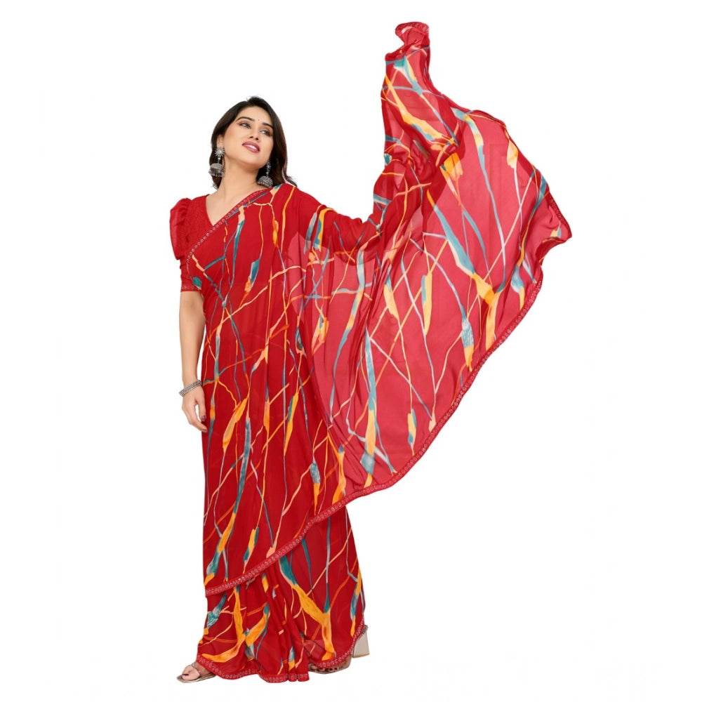 Generic Women's Georgette Printed Saree With Unstitched Blouse 5.5Mtr (Red) - MYLUXURY LANE ENTERPRISE