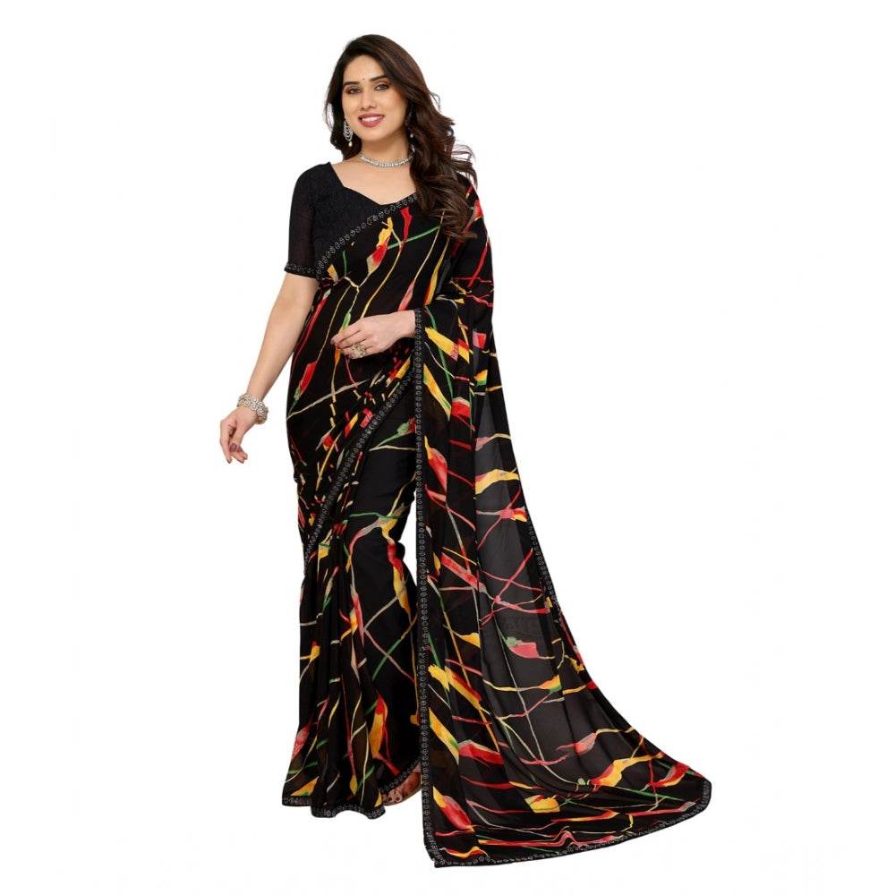 Generic Women's Georgette Printed Saree With Unstitched Blouse 5.5Mtr (Black) - MYLUXURY LANE ENTERPRISE