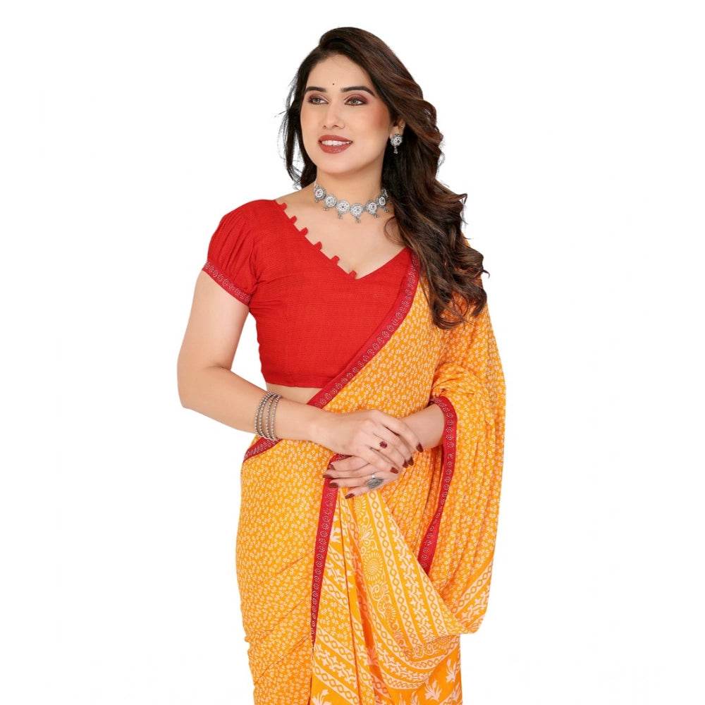 Generic Women's Georgette Printed Saree With Unstitched Blouse 5.5Mtr (Yellow) - MYLUXURY LANE ENTERPRISE