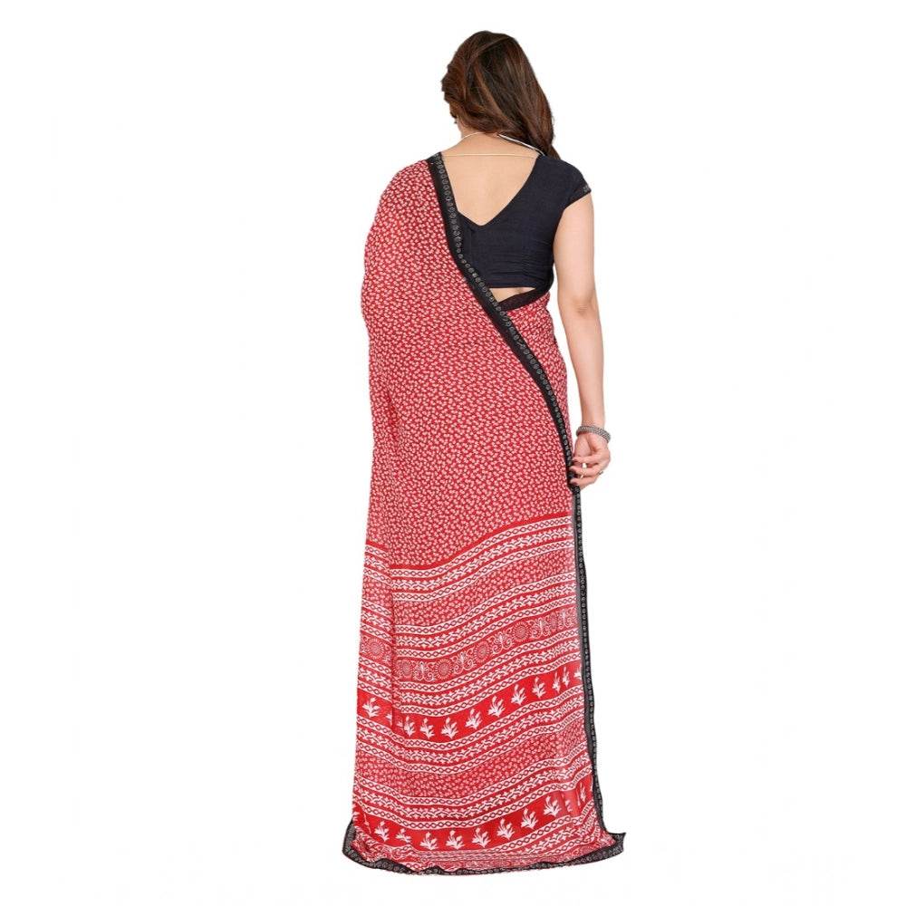 Generic Women's Georgette Printed Saree With Unstitched Blouse 5.5Mtr (Red) - MYLUXURY LANE ENTERPRISE