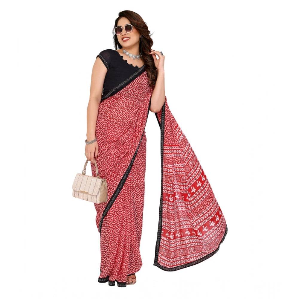 Generic Women's Georgette Printed Saree With Unstitched Blouse 5.5Mtr (Red) - MYLUXURY LANE ENTERPRISE